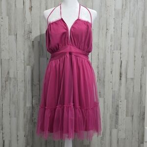 Le Lis Fuchsia Mesh Ruffled Babydoll Halter V Neck Dress Size Medium